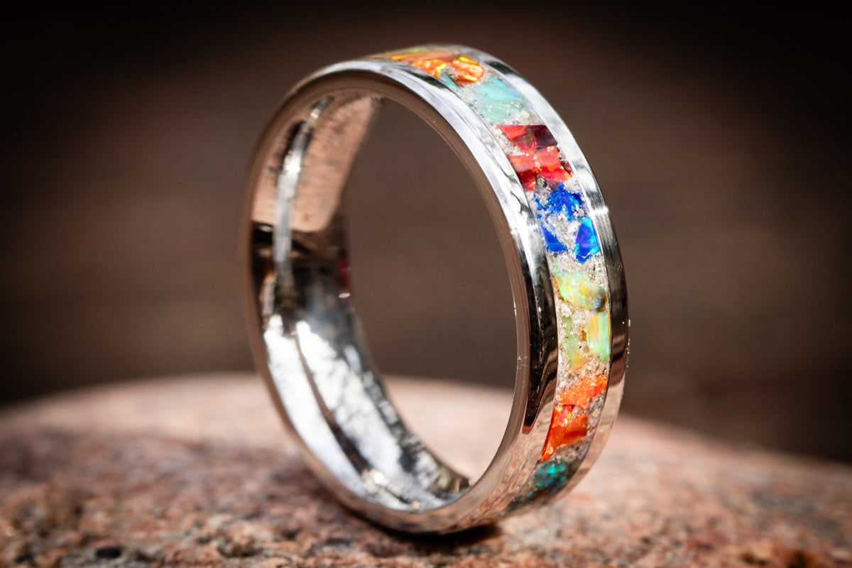 rainbow colored stainless steel cremation ring